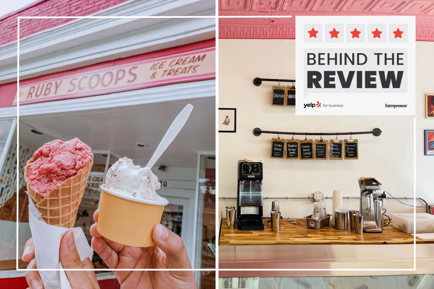 Left: Photo of two hands holding an ice cream cone and cup outside of Ruby Scoops in Richmond, Virginia from Yelp user Kelly C. Right: Photo from inside the scoop shop, which owner Rabia Kamara financed on Kickstarter, from Yelp user Francisco P.