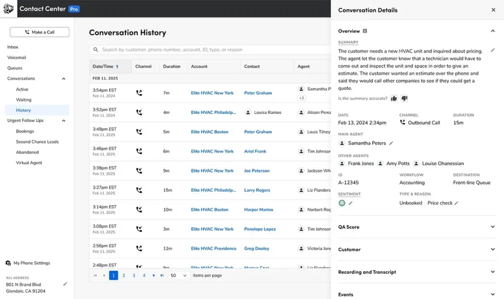 Photo of ServiceTitan's dashboard, showing a business owner's conversation history and conversation details.