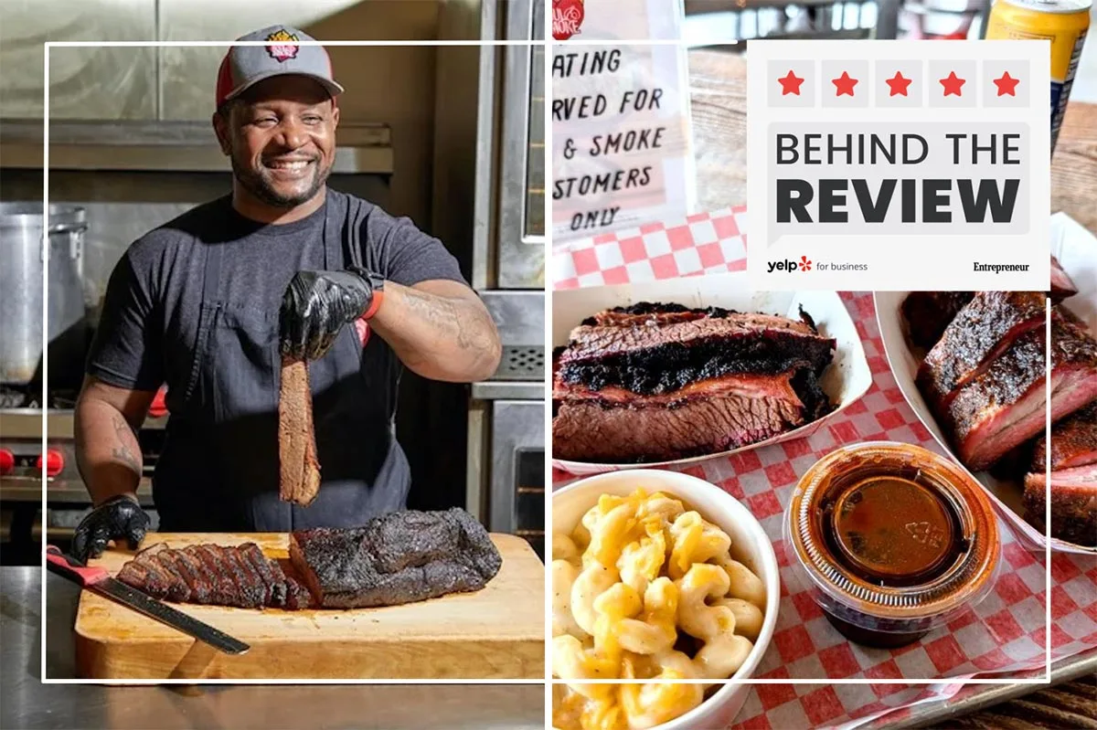 On the left, Soul & Smoke Chef D’Andre Carter prepares several servings of barbeque. On the right, Yelp user Christopher V. shares his meal of smoked prime brisket, smoked duroc rib tips, and signature mac and cheese from Soul & Smoke.
