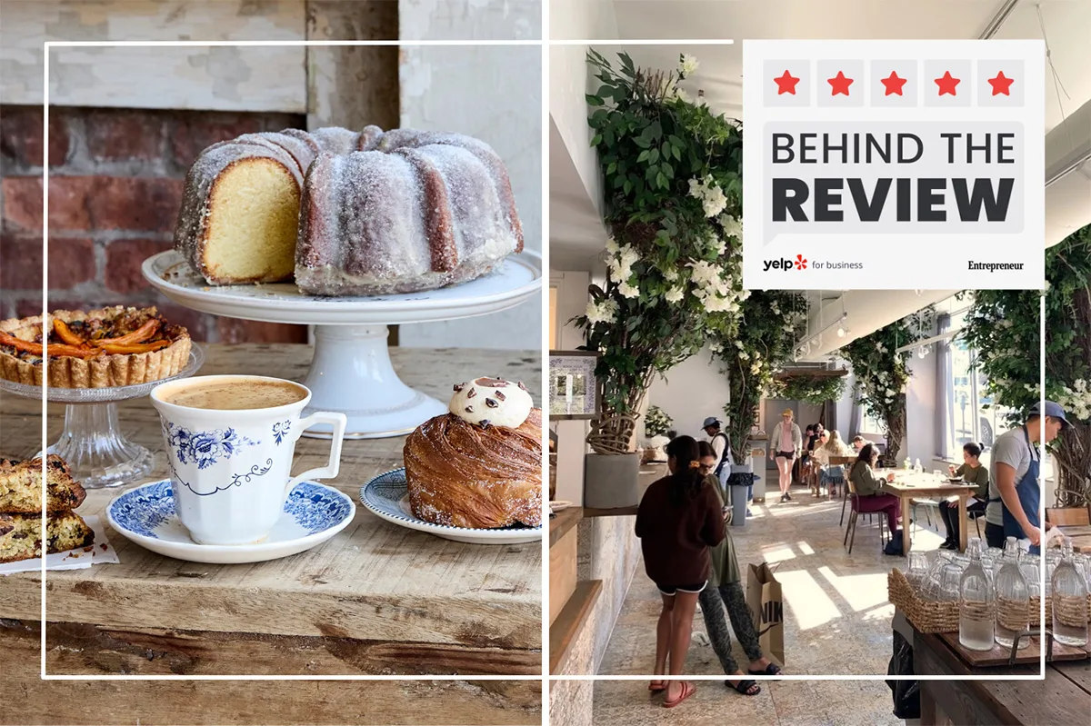 Photo of an array of pastries and drinks from the Martha Stewart x Maman fall menu from Maman, next to a photo of customers at the Ardmore, Pennsylvania location from Yelp user Sally L.