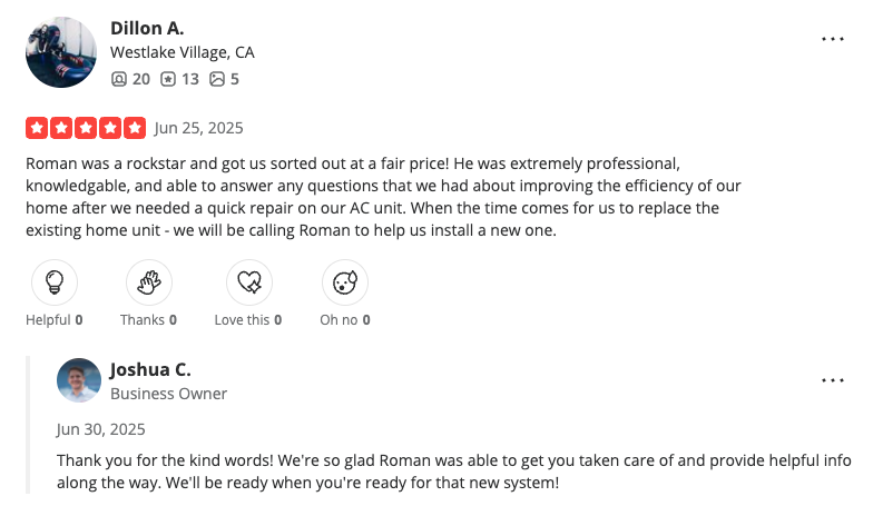 Screenshot of a Yelp review response.